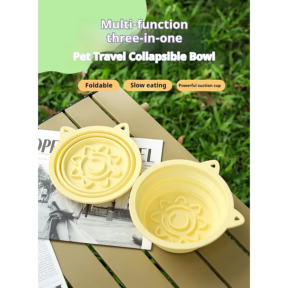 3-in-1 Pet Travel Collapsible Bowl Foldable Slow-Feeder With Strong Suction