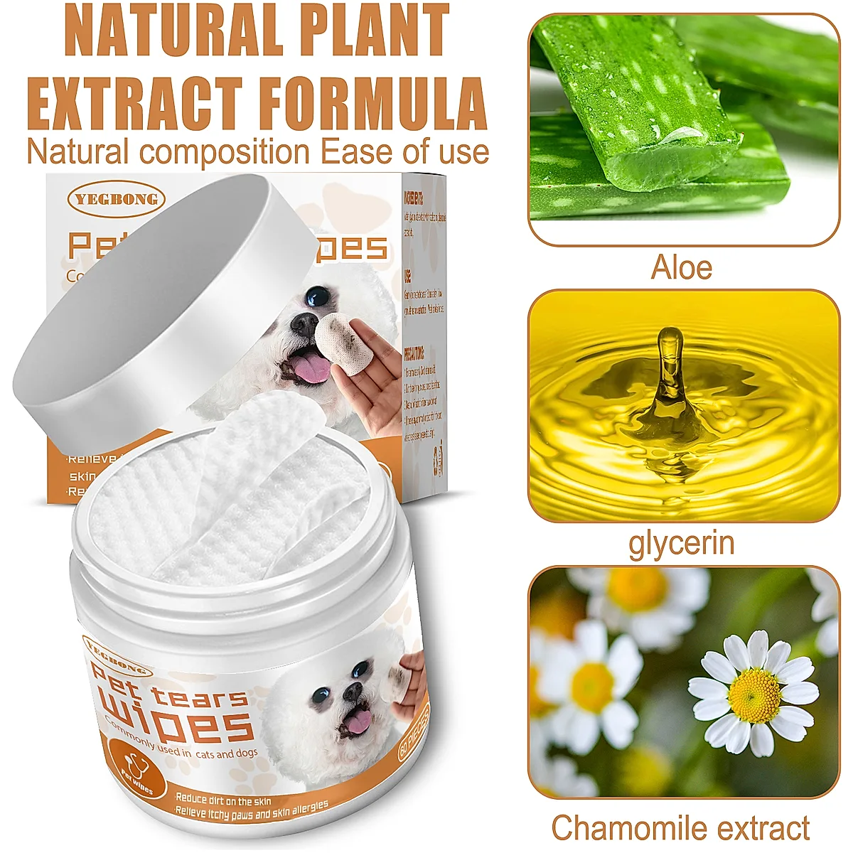Pet Tear Stain Wipes For Dogs & Cats, Natural Aloe & Chamomile Extract Gentle - Image 2