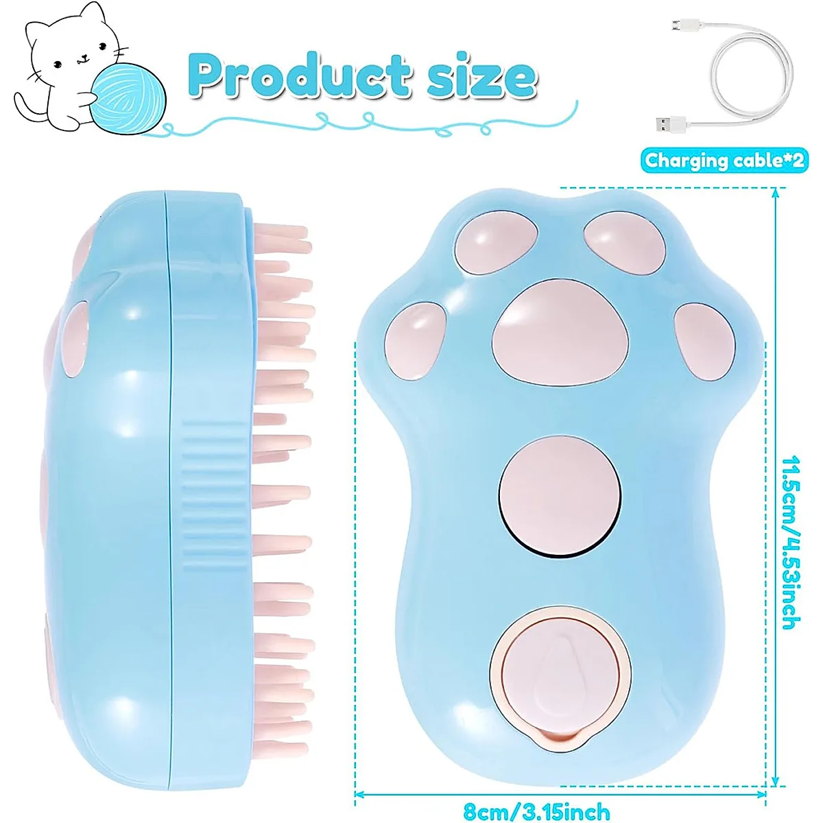 Rechargeable Steam Cat Brush, Cute Paw Shape Pet Steamer Grooming Brush With - Image 2