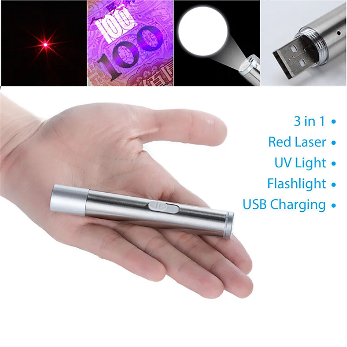 3 In1 1mw USB Rechargeable Pet Toy Pen Flashlight Red Laser Beam UV Light - Image 2