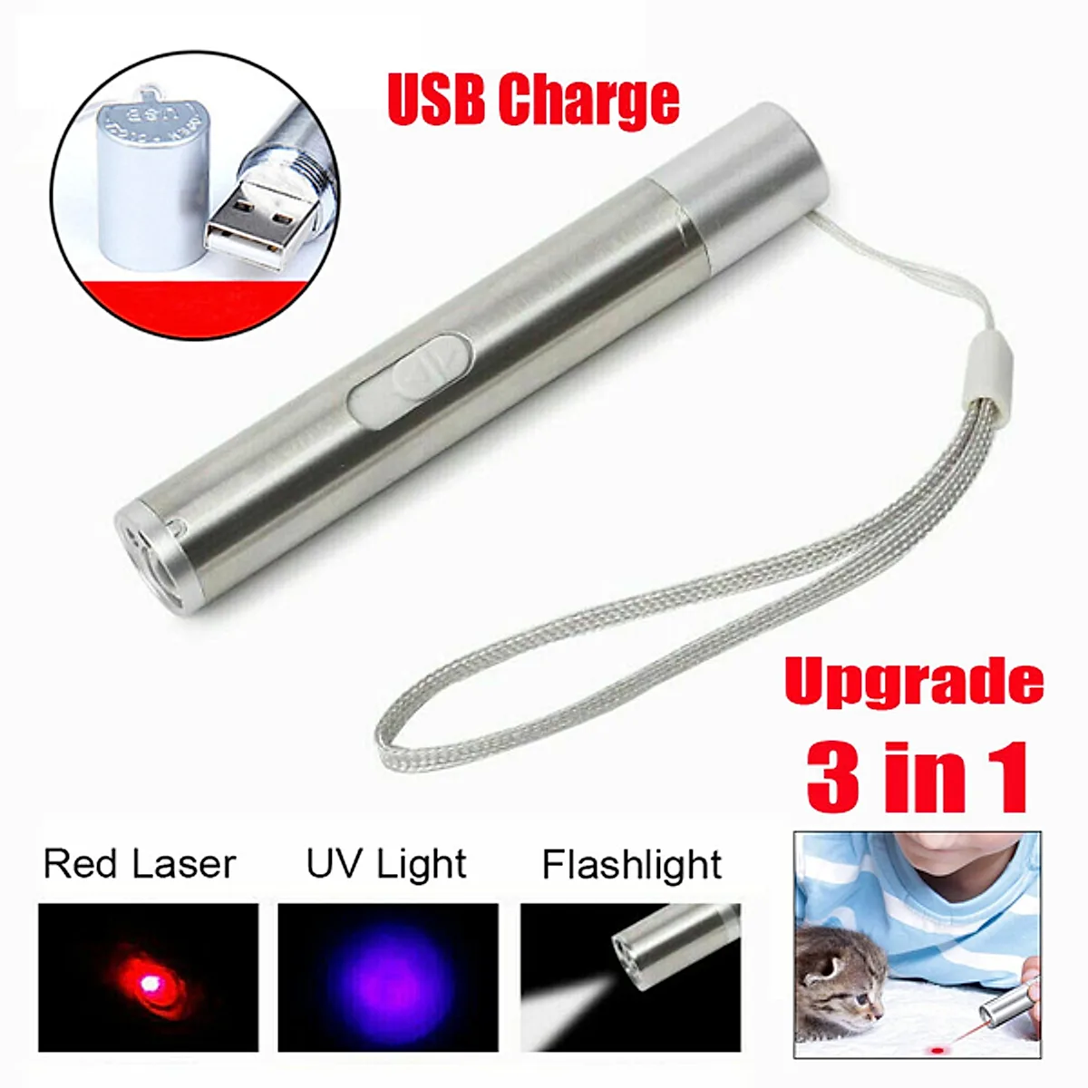 3 In1 1mw USB Rechargeable Pet Toy Pen Flashlight Red Laser Beam UV Light - Image 5