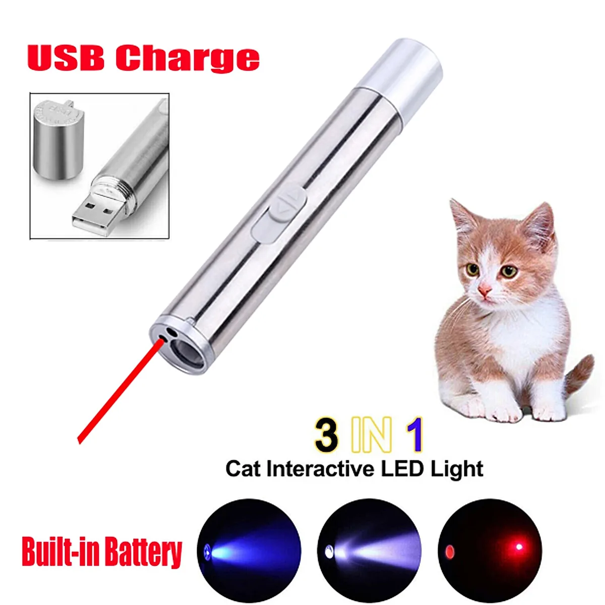 3 In1 1mw USB Rechargeable Pet Toy Pen Flashlight Red Laser Beam UV Light - Image 6
