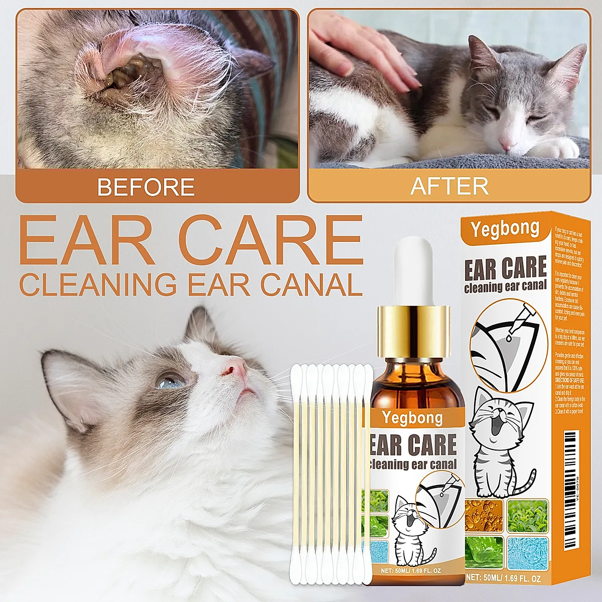 Pet Ear Cleaner Drops, Dog & Cat Ear Care Solution With Aloe, Glycerin & Tea